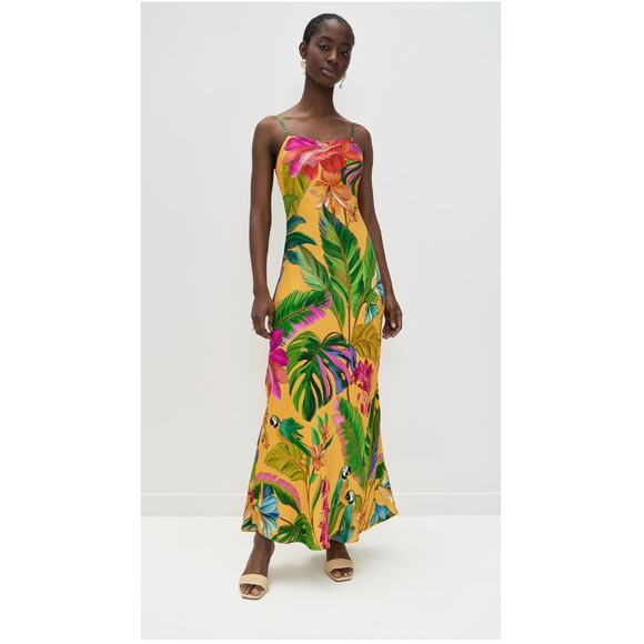 FARM Rio Birds Singing Yellow Slip Maxi Dress XS